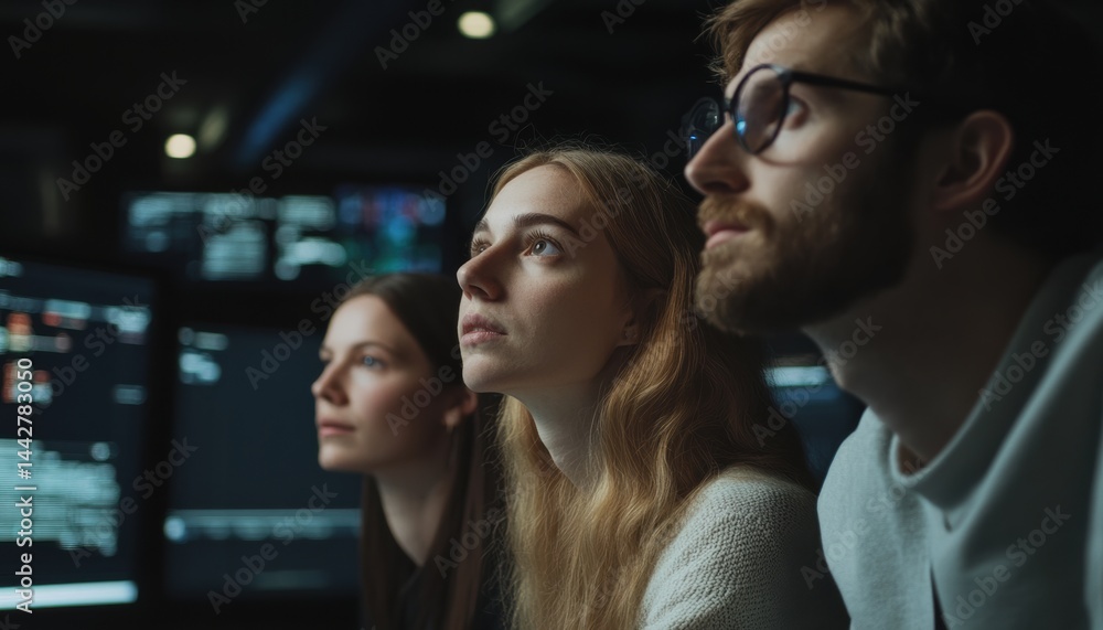 Business workers collaborate in tech industry innovation lab futuristic environment team dynamics focus Business workers collaborate in tech industry innovation lab futuristic environment team dynamics focus