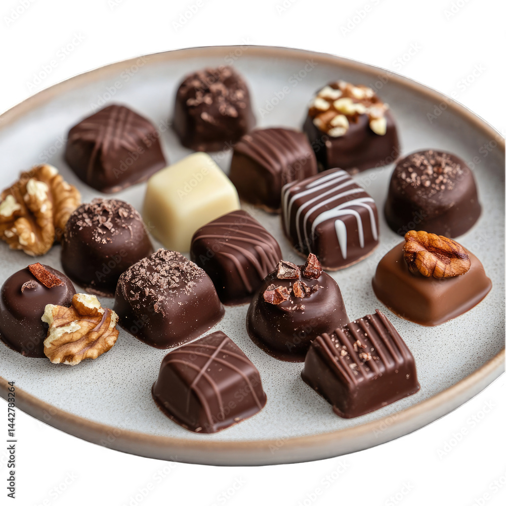 Assorted chocolates on a plate with nuts and different decorations on top Assorted chocolates on a plate with nuts and different decorations on top