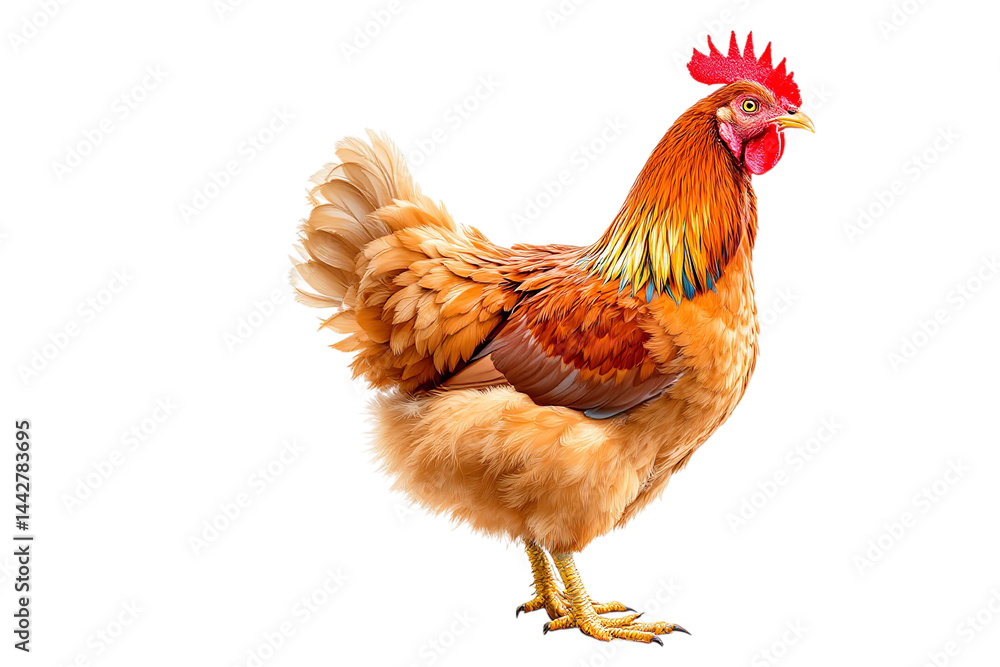 Fototapeta premium A majestic hen, feathers ablaze with sunset hues, stands proudly against a stark white backdrop, a symbol of rural life and natural beauty.