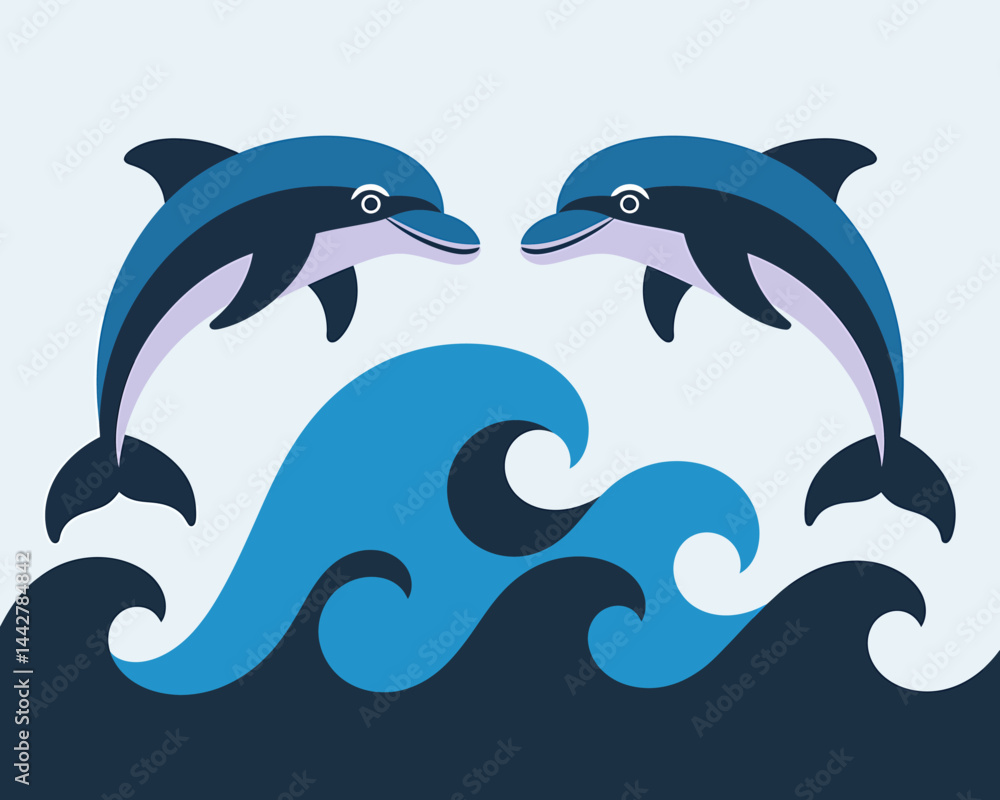 Fototapeta premium Playful Dolphins Leaping Ocean Waves: Cartoon Vector Illustration