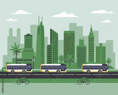 Eco-Friendly Cityscape: Buses, Bikes, and Modern Green Architecture