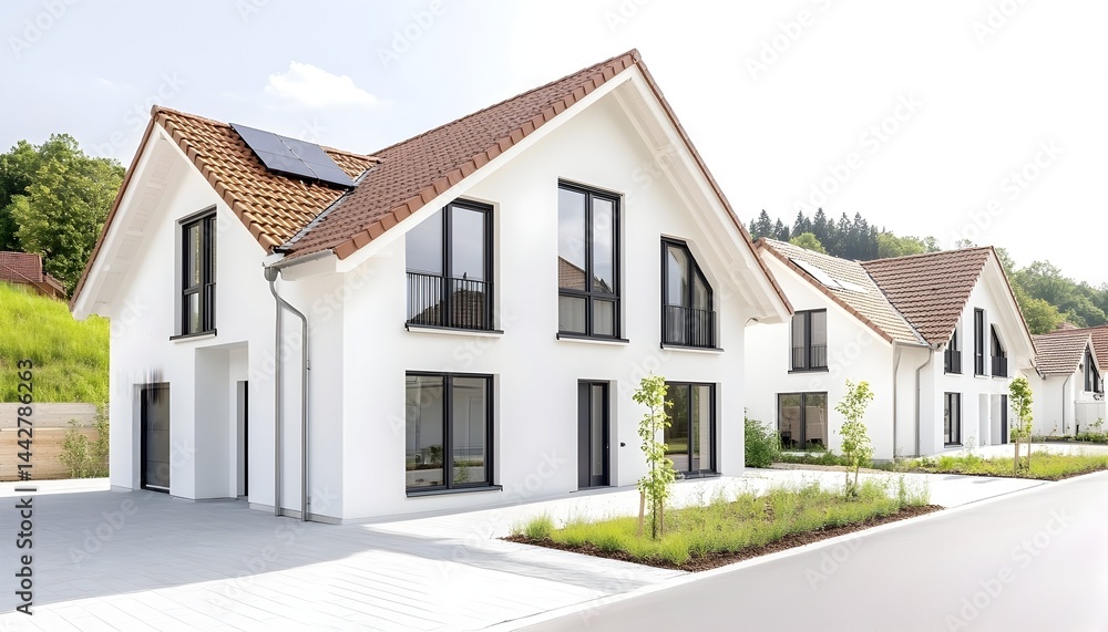Modern white houses with terracotta roofs, large windows, and attached garages, nestled in a quiet residential area Modern white houses with terracotta roofs, large windows, and attached garages, nestled in a quiet residential area