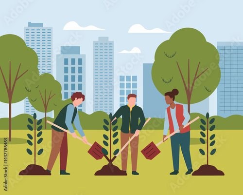 Urban Greening: Diverse Team Planting Trees in City Park, Eco-Friendly Initiative