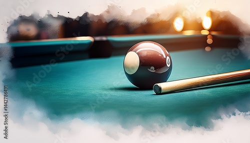 watercolor style of a billiard ball and pool cue placed on a polished table surrounded by soft atmospheric lighting this image captures the leisure and hobby of playing pool