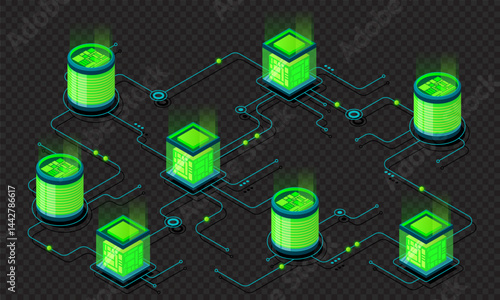Isometric concept of big data processing. Server energy station of future. Network mainframe infrastructure. Isometric high technology concept