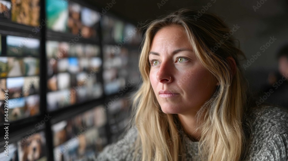 In a cozy workspace, a woman focuses intently on her computer monitor filled with vibrant images. Her contemplative expression reveals her engagement with the digital world around her