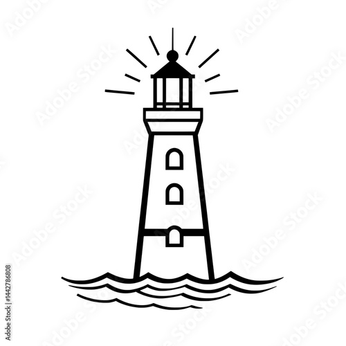 Classic lighthouse with light beams over ocean waves in black and white minimalist vector style.