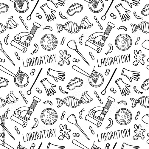 Seamless background with biology laboratory items, tools and microbe. Hand drawn line art ink science vector background