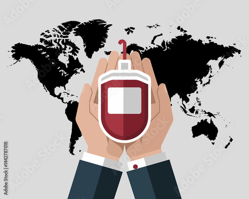Global Blood Donation: Hands Holding Blood Bag Against World Map - Vector Illustration