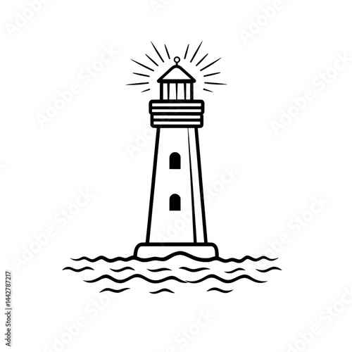 Simplified lighthouse icon with radiant light beams and minimal wave detail in black and white.