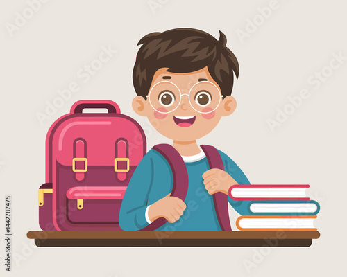 Happy Schoolboy with Backpack and Books - Back to School Illustration