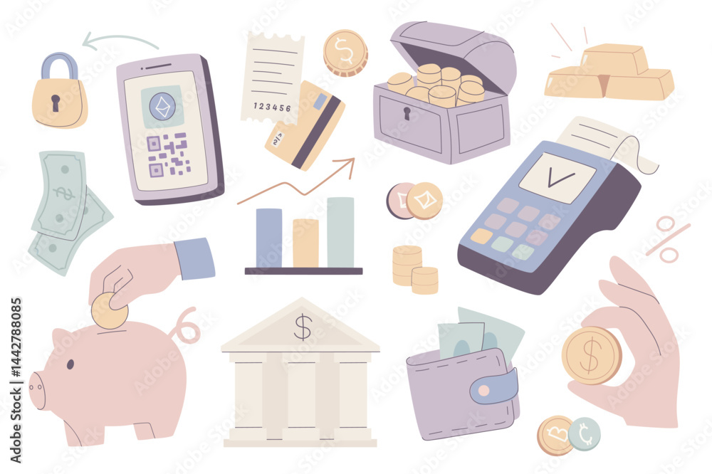 Money and finance set in flat graphic design. Collection isolated elements of online banking, safe access, mobile pay, credit card, gold bars, cash, savings, piggy bank, other. Vector illustration. Money and finance set in flat graphic design. Collection isolated elements of online banking, safe access, mobile pay, credit card, gold bars, cash, savings, piggy bank, other. Vector illustration.
