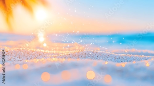 Soft-focus sunset over ocean; white sand, gentle waves, bokeh effects