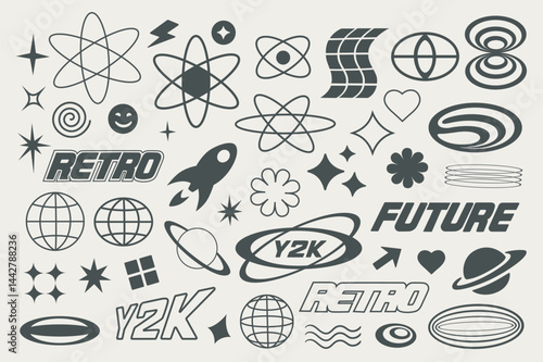 Retro futuristic elements y2k style set in flat graphic design. Collection isolated symbols of black groovy stars, lightnings, atoms, cosmic rocket, planets, other figure shapes. Vector illustration.