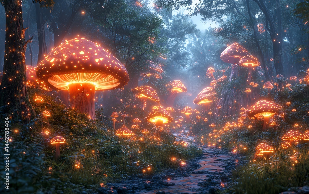 Fototapeta premium an enchanted forest with glowing mushrooms, magical creatures, misty ambiance, fantasy realism, ultrahigh detail, cinematic style