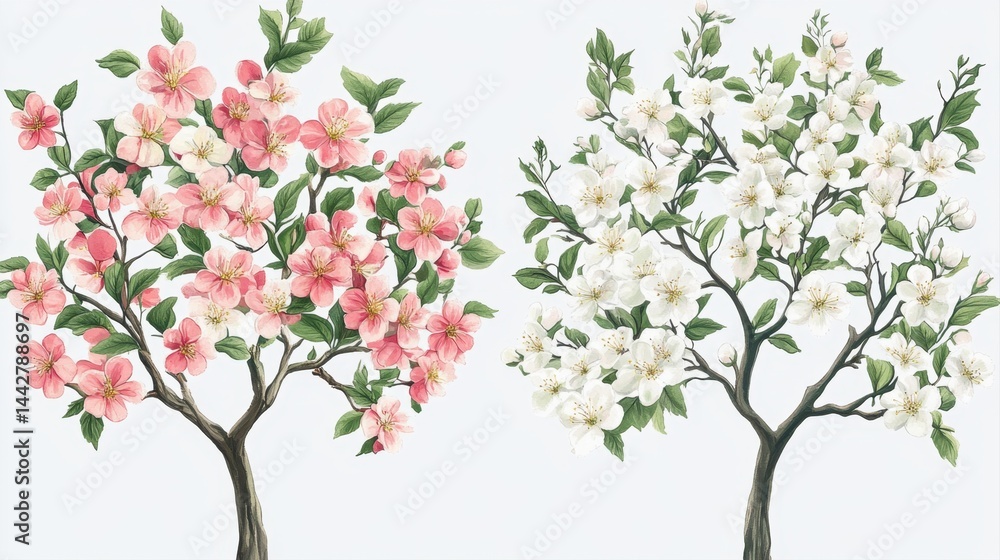 Fototapeta premium Beautiful hand-painted illustration of pink and white flowering trees against a light background