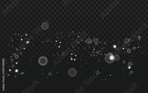 shining bokeh overlay background against a transparent dark checkered backdrop. There are numerous out-of-focus white and slightly gray circles of varying sizes, along with smaller, brighter white 