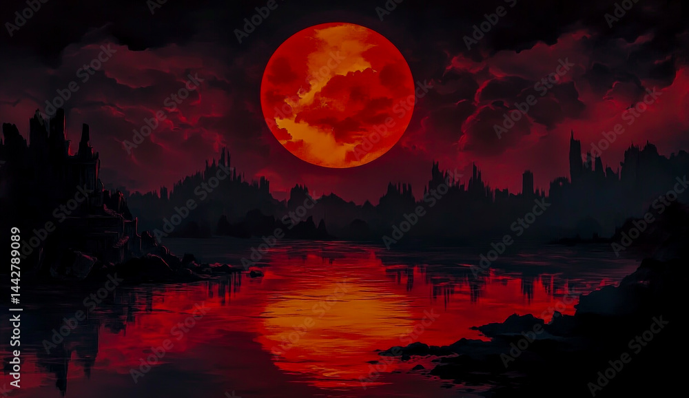 The red sun burning in a hellish sky over a lake The red sun burning in a hellish sky over a lake