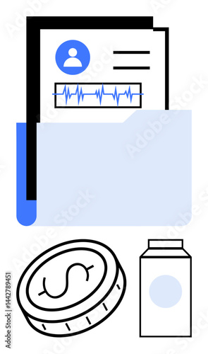 Medical documents in a folder alongside a coin and a medication bottle, symbolizing healthcare, financial costs, medical insurance, treatment management, budgeting, and pharmacy services. Ideal