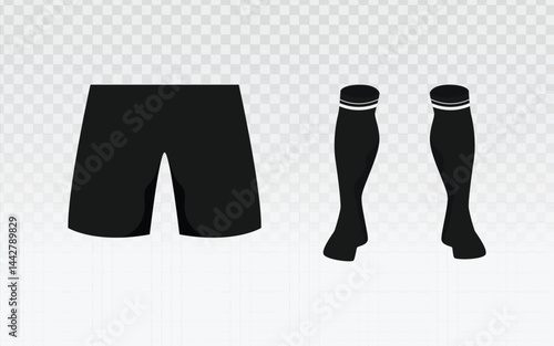 pair of black shorts and two black soccer socks against a transparent light gray checkered background. The shorts are simple athletic shorts. The socks are long, reaching up the calf