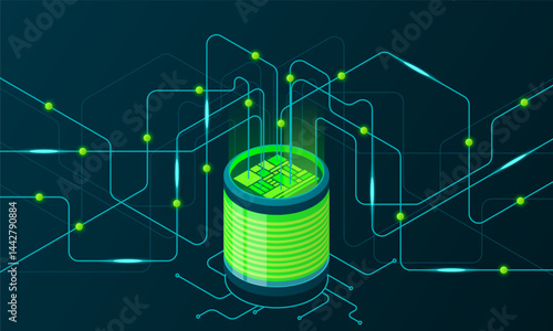 Isometric concept of big data processing. Server energy station of future. Network mainframe infrastructure. Isometric high technology concept