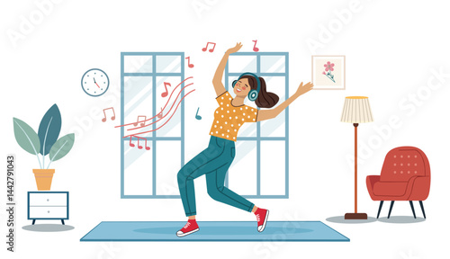 Cartoon happy young woman character listening Music