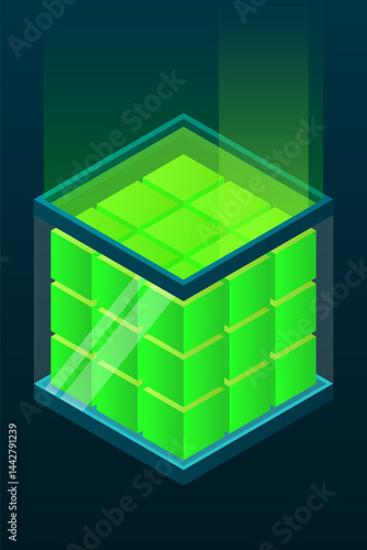 Isometric database. Isometric futuristic server. Big data isometric. Cloud computing and file cloud storage. Isometric technology