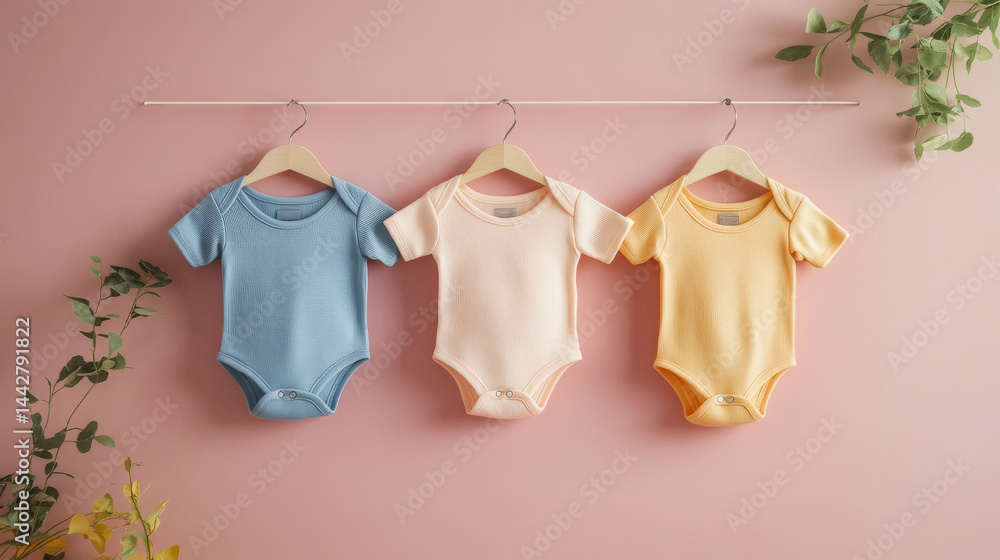 Mockup of hanging baby bodysuits in a Row on Open Hanger. Template for brand or logo advertising