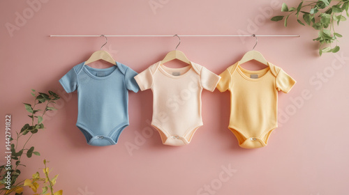 Obraz na płótnie Mockup of hanging baby bodysuits in a Row on Open Hanger. Template for brand or logo advertising w salonie