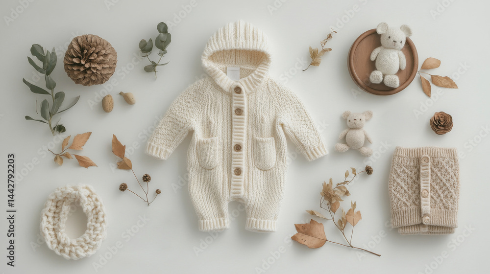 Knitted baby bodysuit clothes on white background flat lay. Top view template for brand or logo advertising on children's clothes. Mock up baby outfit