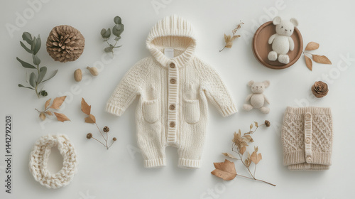 Obraz na płótnie Knitted baby bodysuit clothes on white background flat lay. Top view template for brand or logo advertising on children's clothes. Mock up baby outfit w salonie