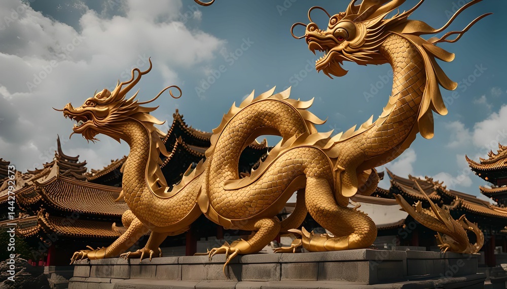 Naklejka premium Golden Dragons in a Temple Complex