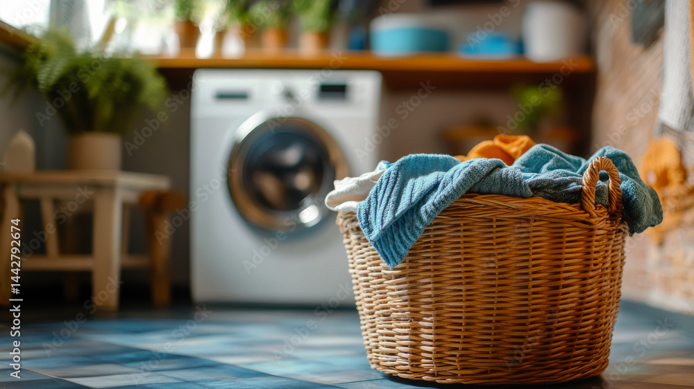 laundry basket full of dirty colored clothes. Washing machine with interior of bathroom on background in blur