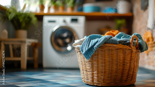 laundry basket full of dirty colored clothes. Washing machine with interior of bathroom on background in blur