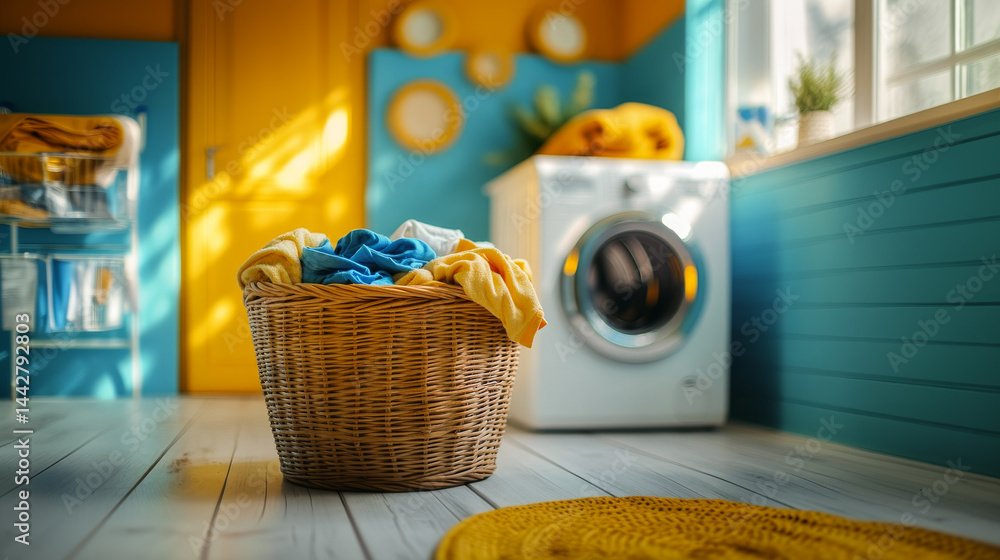 laundry basket full of dirty colored clothes. Washing machine with interior of bathroom on background in blur