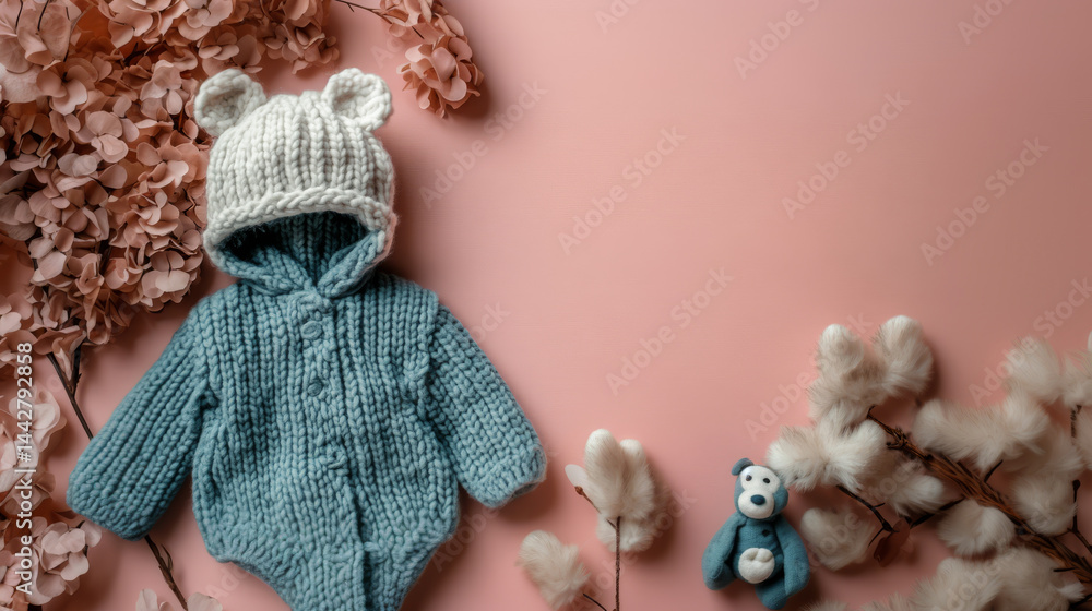 Knitted baby bodysuit clothes on pink background flat lay. Top view template banner for brand or logo advertising on children's clothes. Mock up suit with copy space