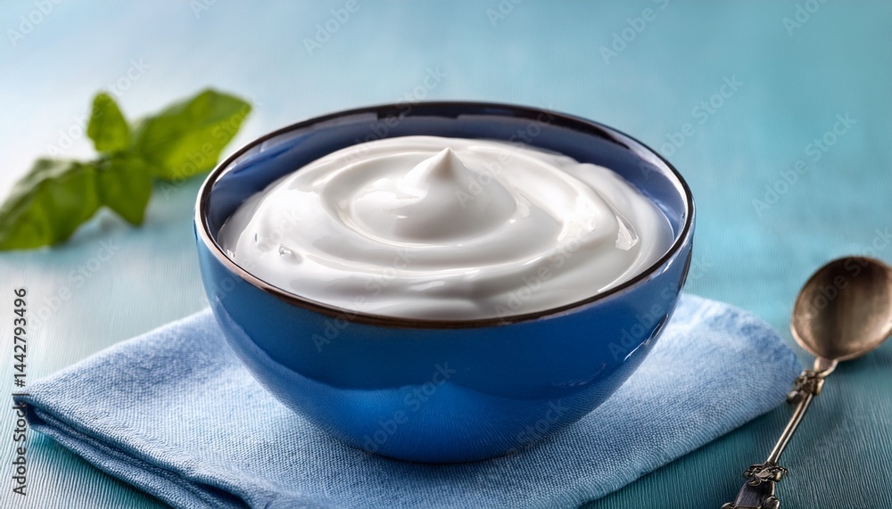 Obraz premium blue ceramic bowl of fresh greek yogurt or sour cream
