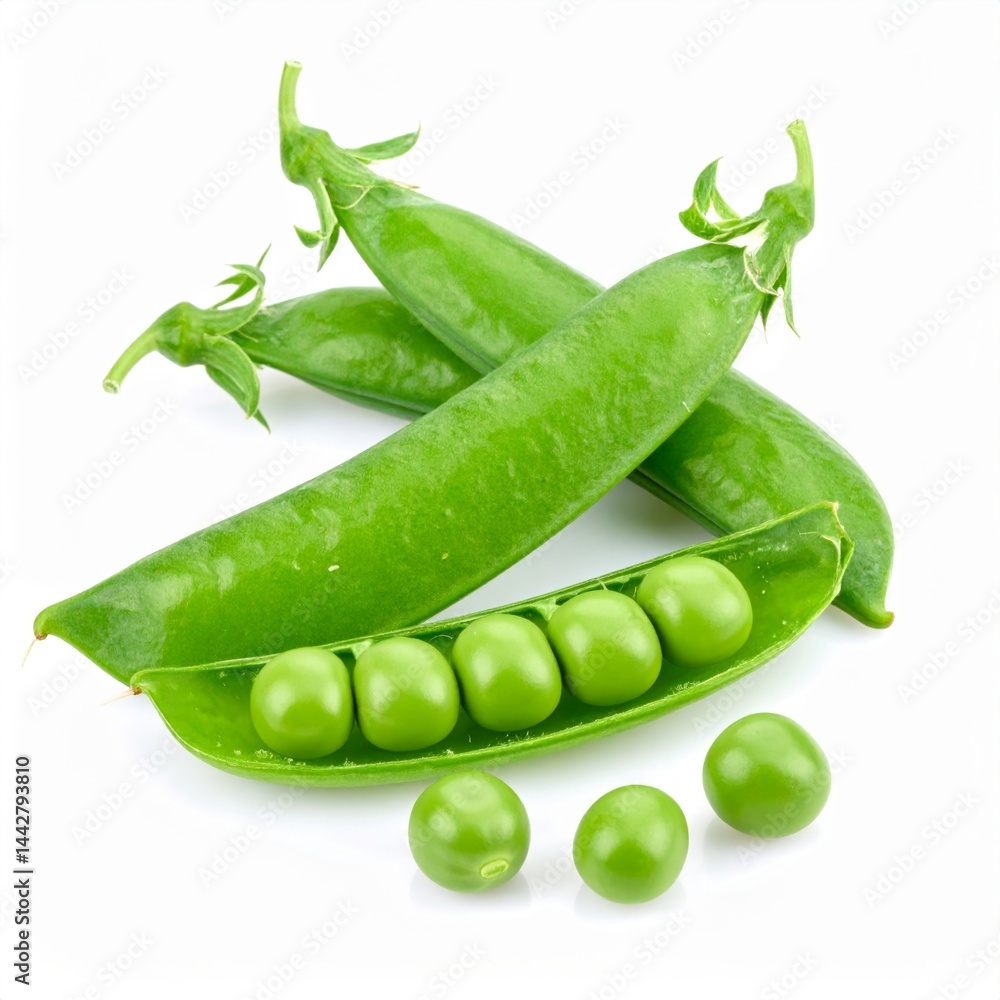 Fresh Green Peas in Pods and on White Background Fresh Green Peas in Pods and on White Background