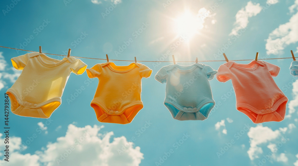 Baby bodysuit clothes hanging on sunny sky background. Top view template banner for brand or logo advertising on children's clothes. Mock up colored baby suit