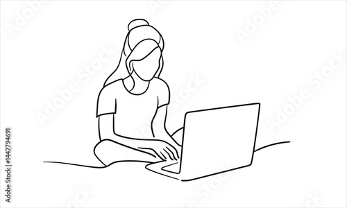 Woman working on laptop, continious line drawing. Freelancer, technologies, self-employed outline. Vector illustration