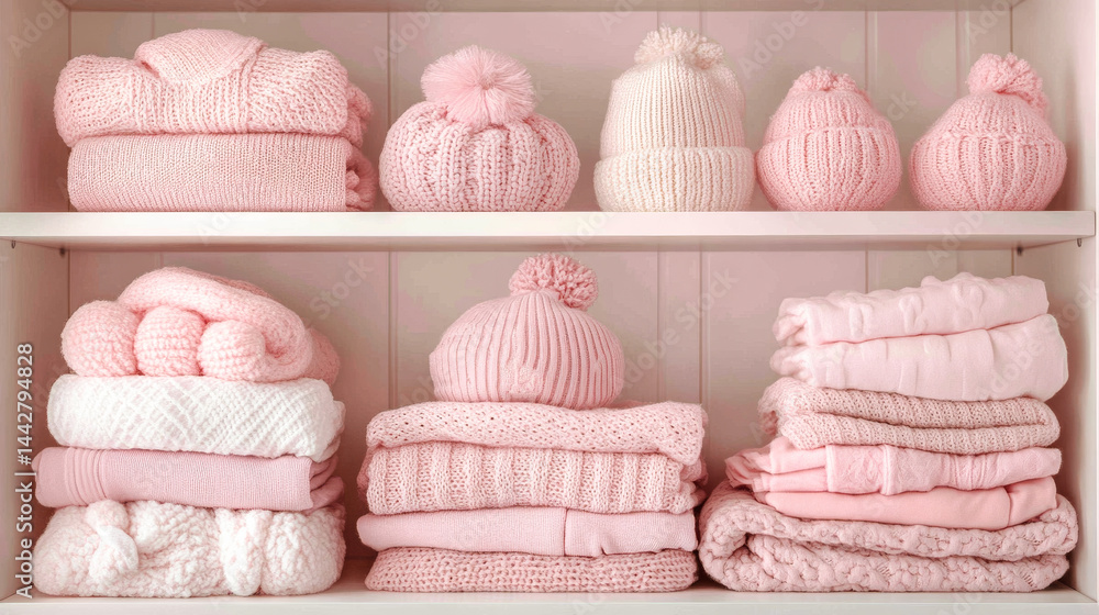Stack of baby girl clothes with baby hats. Knitted soft warm neatly folded kids clothes