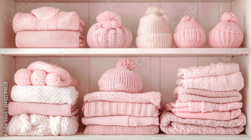 Obraz na płótnie Stack of baby girl clothes with baby hats. Knitted soft warm neatly folded kids clothes w salonie