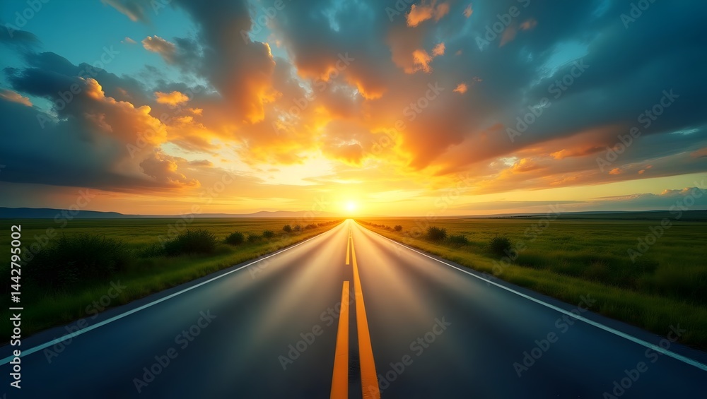 Naklejka premium Scenic Road at Sunset with Glowing Sky – Vibrant Landscape Photography with Golden Hour Light, Trees, and Horizon Perspective