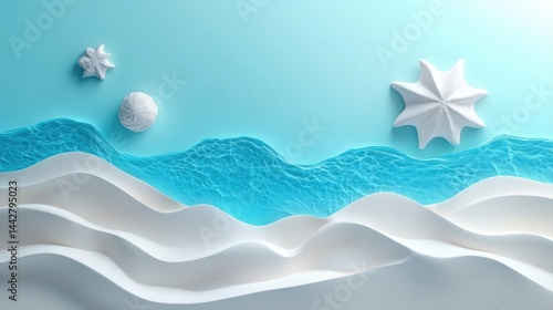 Abstract Seascape with Waves, Shells, and Starfish in Soft Pastel Colors