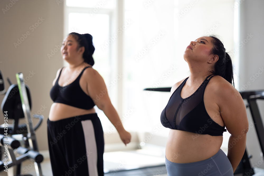 Exercise. beautiful young chubby overweight woman wearing sporty fitness clothes doing exercise indoors at gym fitness sport club, body and health care
