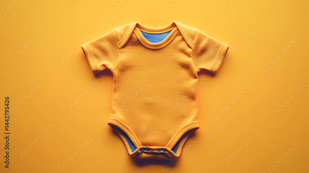 Mockup of baby bodysuit clothes on yellow background flat lay. Top view template for brand or logo advertising on children's clothes