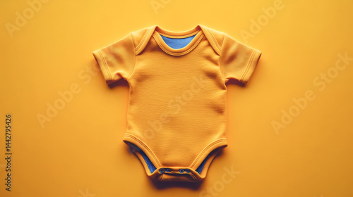 Obraz na płótnie Mockup of baby bodysuit clothes on yellow background flat lay. Top view template for brand or logo advertising on children's clothes w salonie