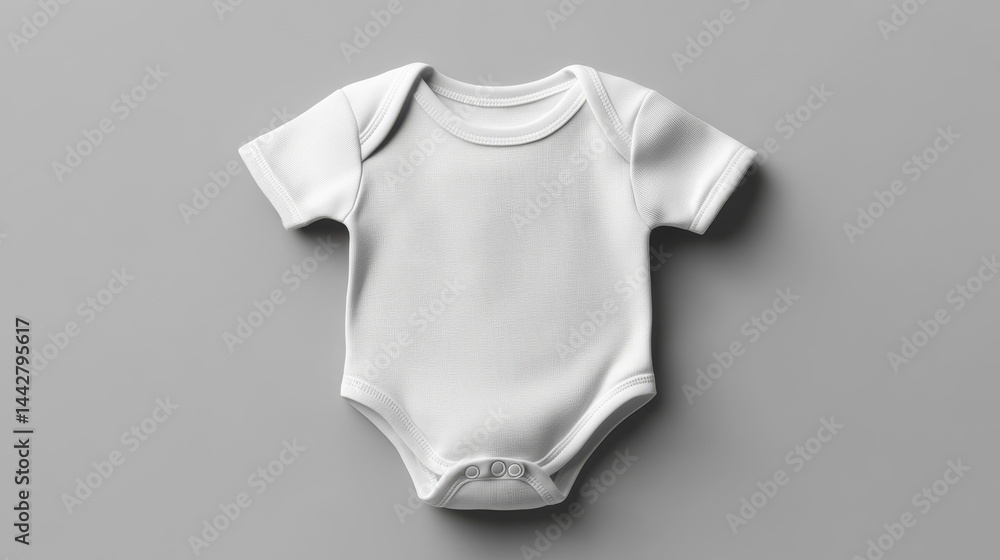 Mockup of baby bodysuit clothes on grey background flat lay. Top view template for brand or logo advertising on children's clothes