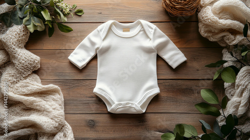 Obraz na płótnie Mockup of baby bodysuit clothes on wooden background flat lay. Top view template for brand or logo advertising on children's clothes w salonie