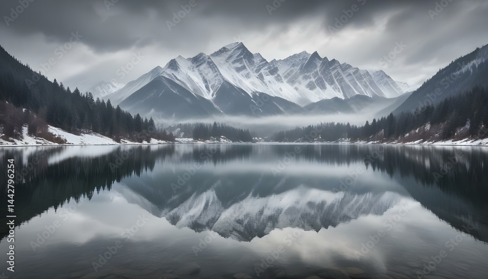 Snow-covered mountain peaks reflect in a tranquil lake on a cloudy, serene winter day. Snow-covered mountain peaks reflect in a tranquil lake on a cloudy, serene winter day.